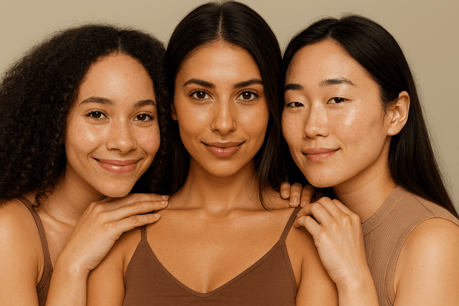 Three women of diverse backgrounds with healthy, glowing skin