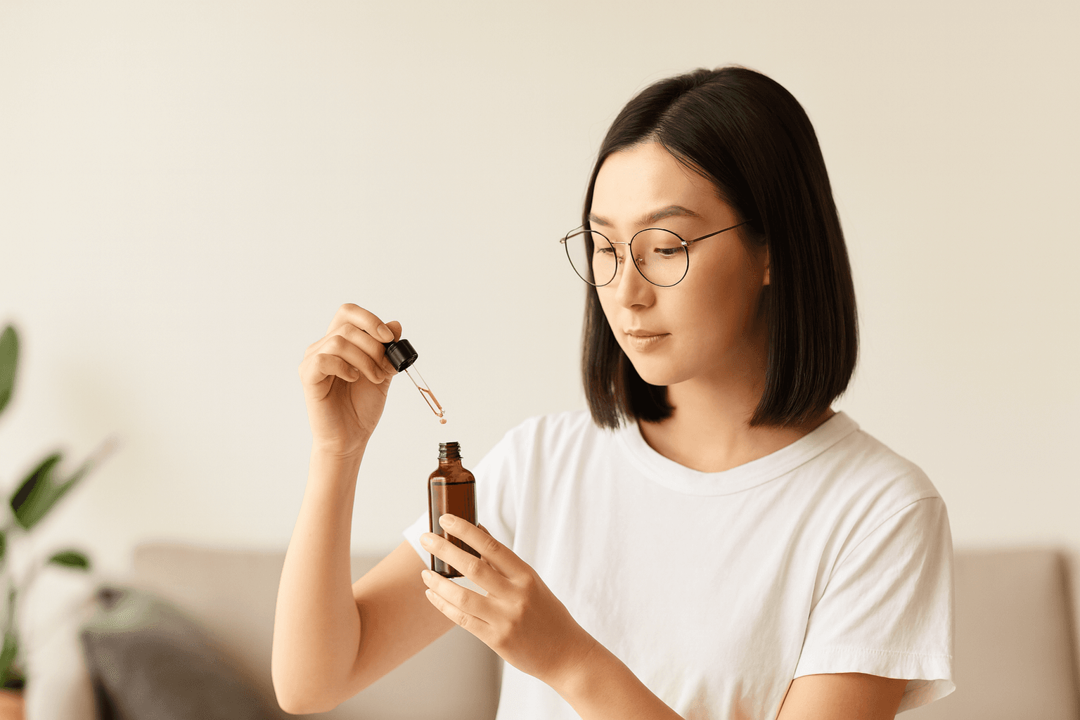 Asian woman applying serum with a dropper